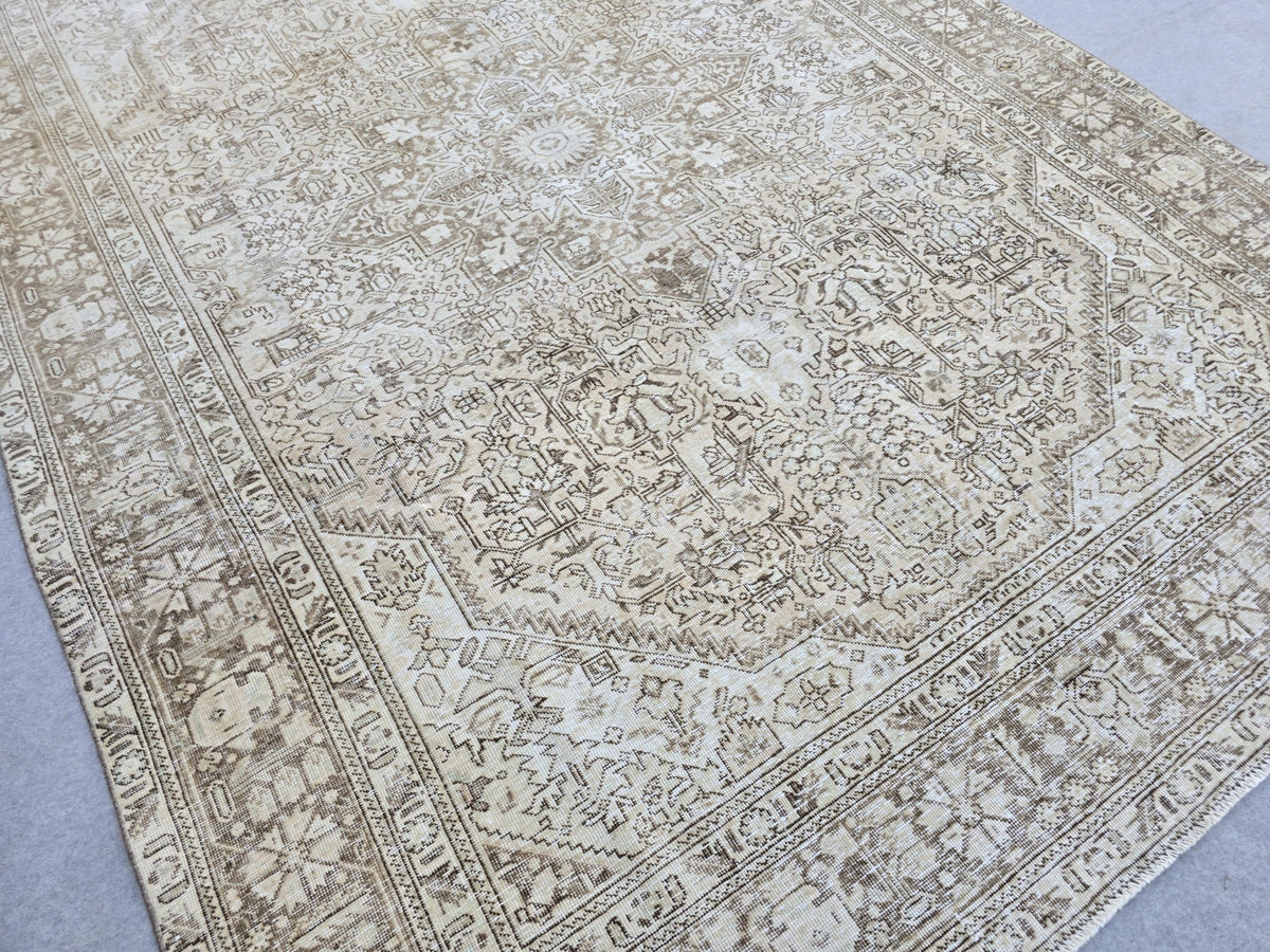 Turkish Rug 8x11, Mushroom Taupe Wool Area Rug, Star Medallion Heriz Style Carpet for Living Room, Dining Room, Bedroom, Boho Decor