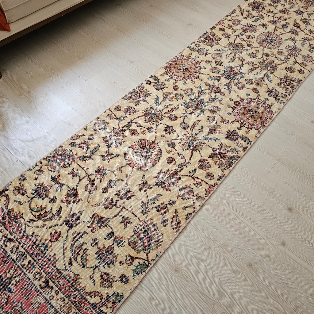 Vintage Turkish Oushak Runner Rug: Floral Wool Hallway Rug (2.4x10 ft)