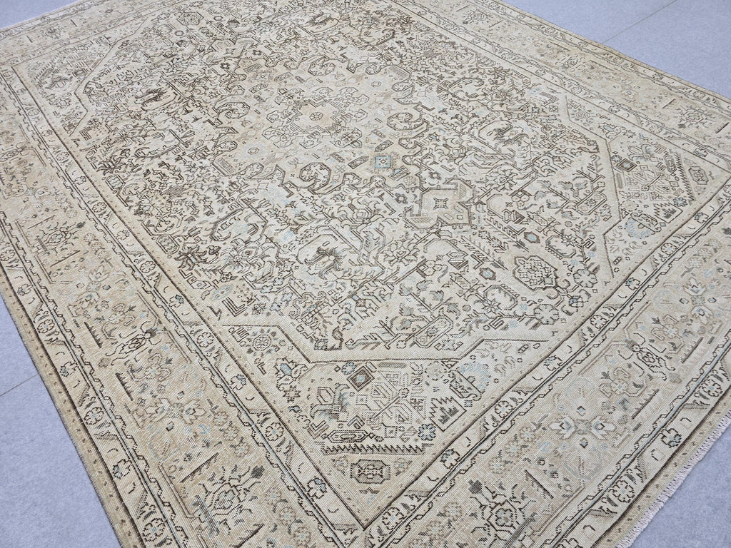 Handmade 8x11 Neutral Area Rug for Livingroom and Bedroom, Hand Knotted Turkish Oushak Rug
