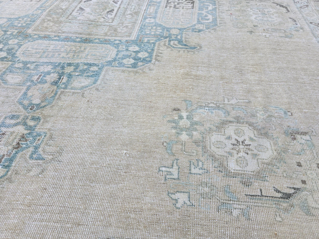 10x12 Turkish Rug Vintage Beige/Cream Blue Hand Knotted Oushak Area Carpet