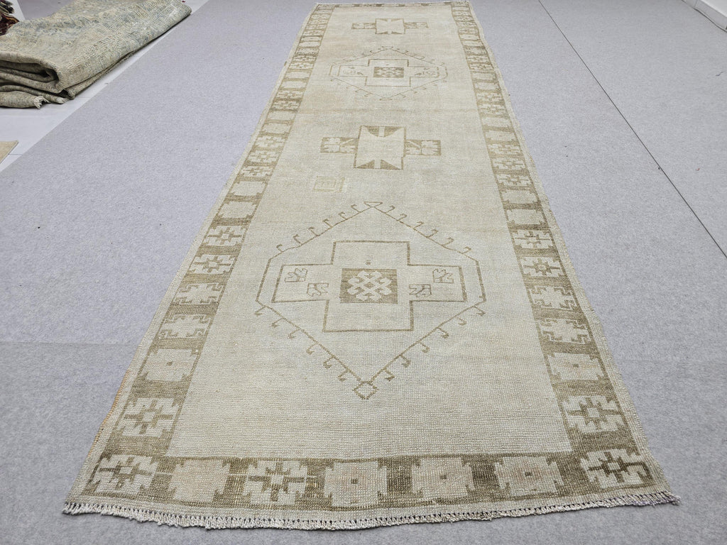 Oushak Rug 4x12, Neutral Runner Rug, Faded Hand Knotted Wool Turkish Runner, Muted Beige Hallway Rug, Vintage Boho Stair Neutral Runner