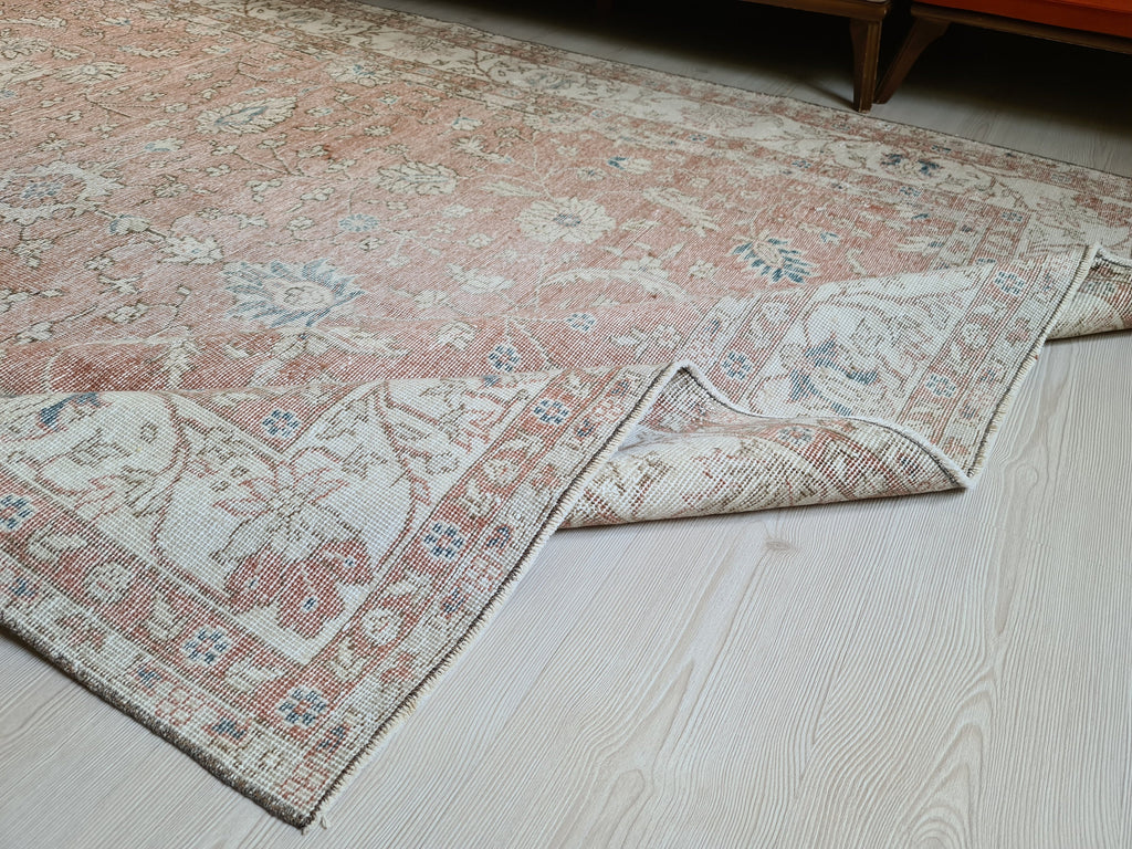7x10 Vintage Turkish Rug: Hand knotted Wool Oushak area Rug -  6.8 x 9.9 ft, Organic Wool