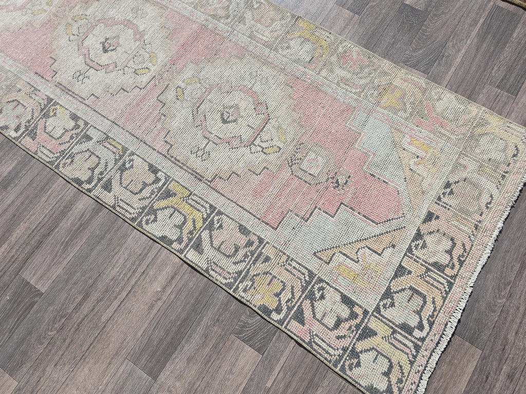 Neutral Oushak Runner Rug: 3x10 Vintage Turkish Wool Hallway Rug