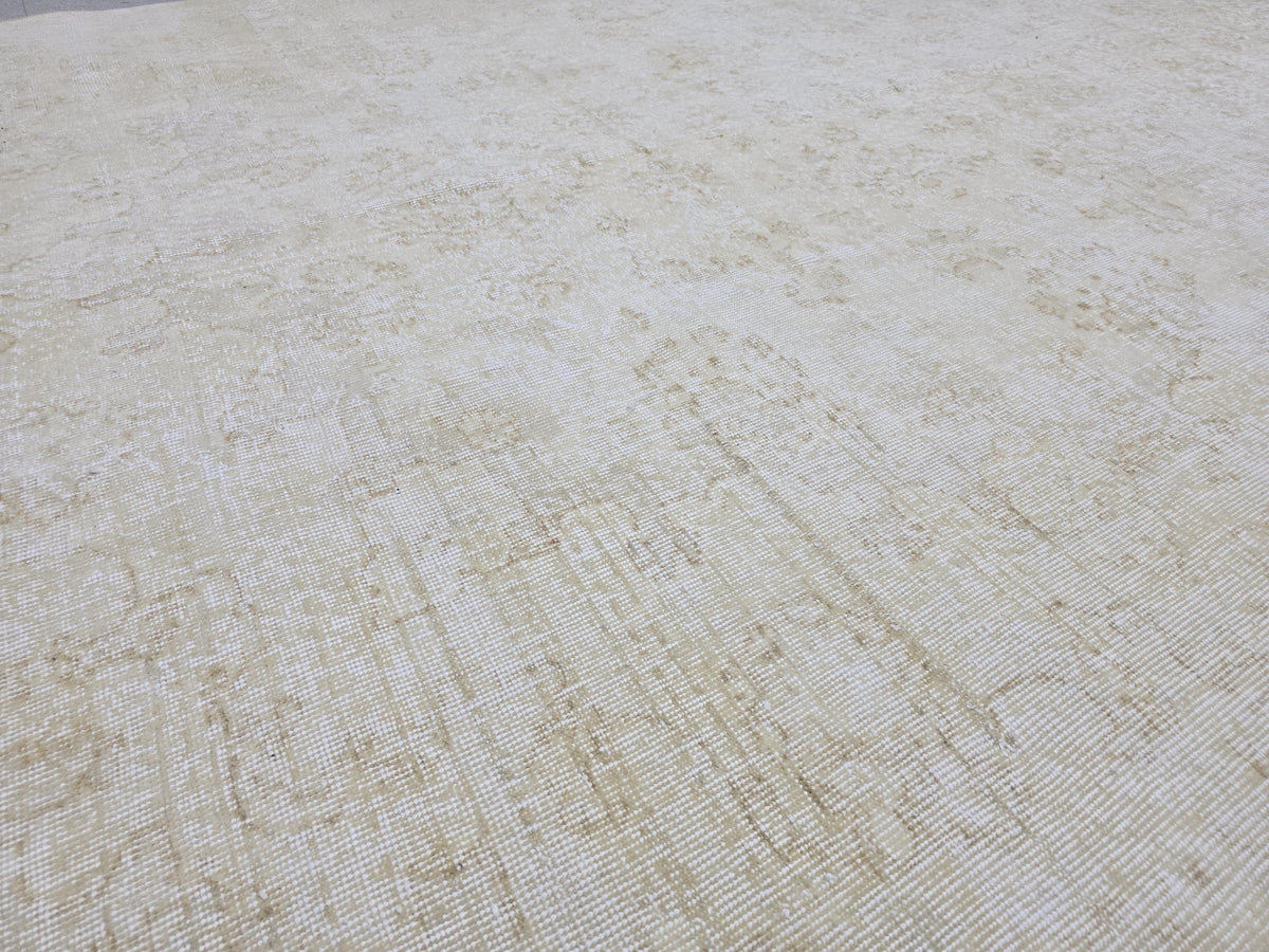 7x10 Handknotted Turkish Oushak Rug, Cream Beige Faded Wool Carpet