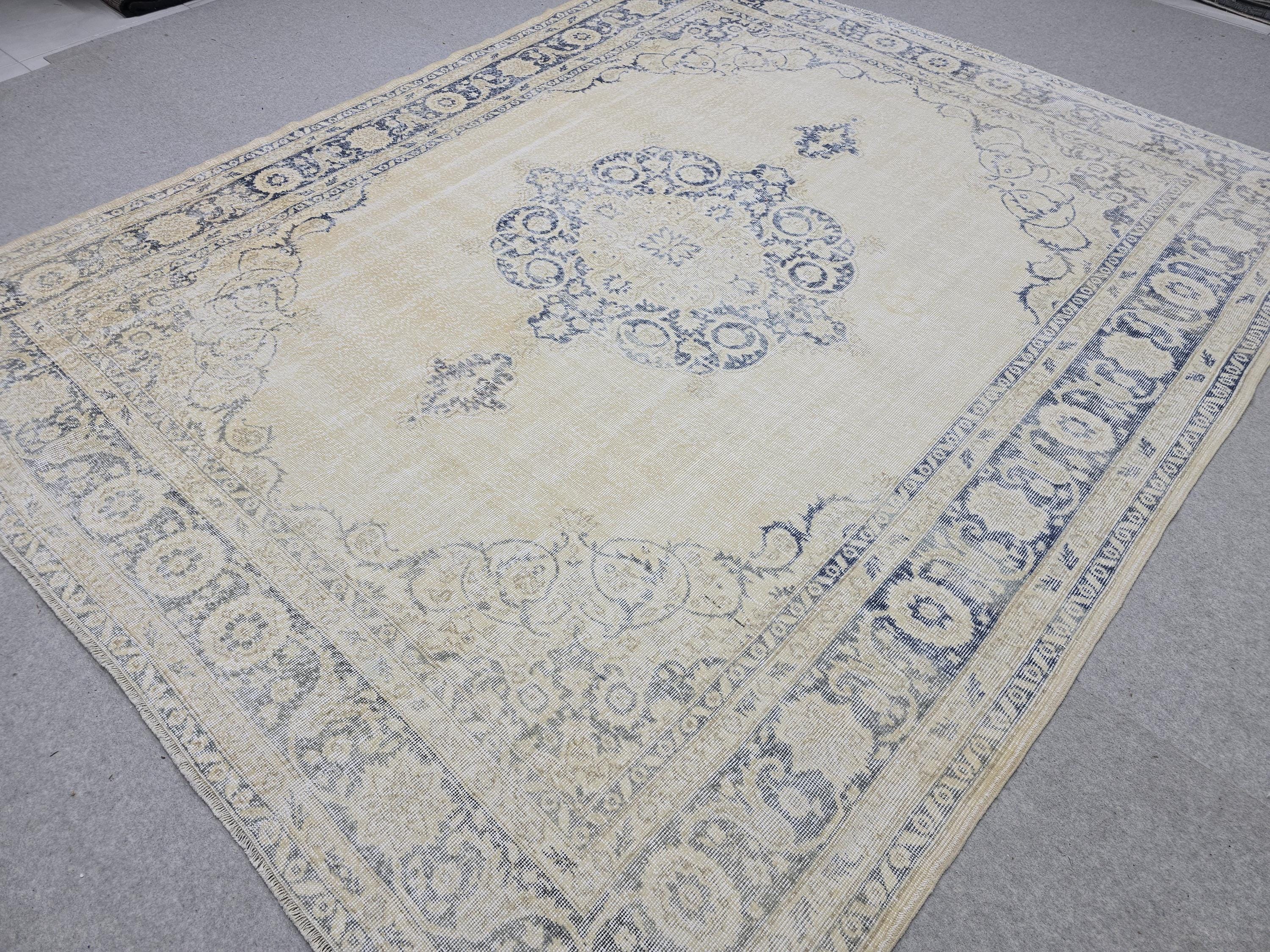 8x10 Faded Oushak Wool Area Rug Handmade Vintage Turkish Beige Blue Oriental Carpet