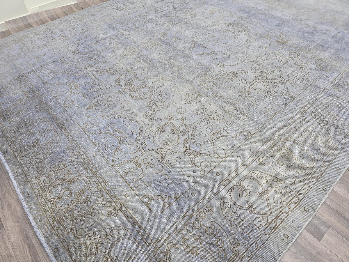 10x13 Vintage Handwoven Oushak Rug , Faded Neutral Turkish Area Rug, Muted Blue Gray Wool Carpet, Distressed Antique Style Rug