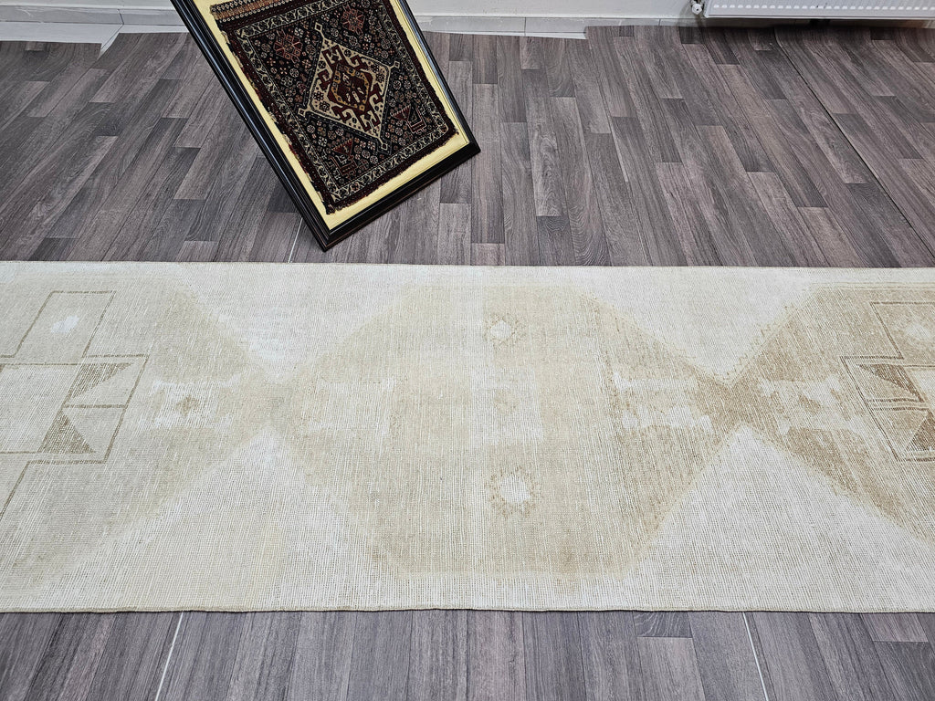 Vintage Turkish Oushak Wool Runner Rug: Neutral Faded Hallway Aisle Rug