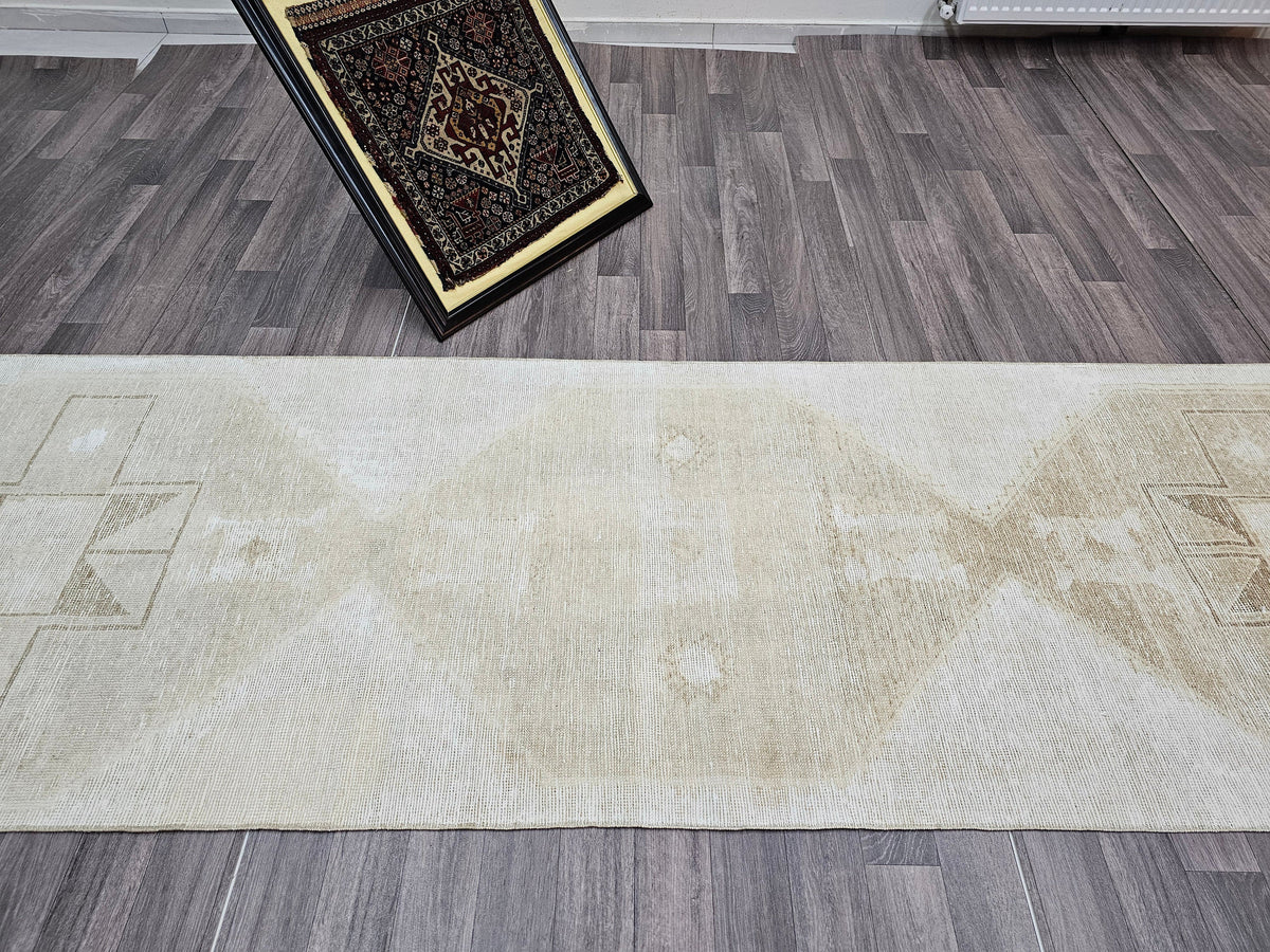 Vintage Turkish Oushak Wool Runner Rug: Neutral Faded Hallway Aisle Rug
