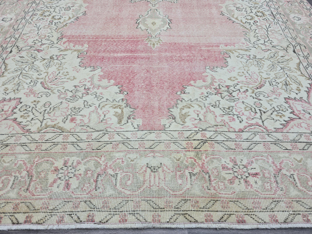 Pink Turkish Rug 7x11 Vintage Oushak Area Rug Distressed Medallion Living Room Large Carpet