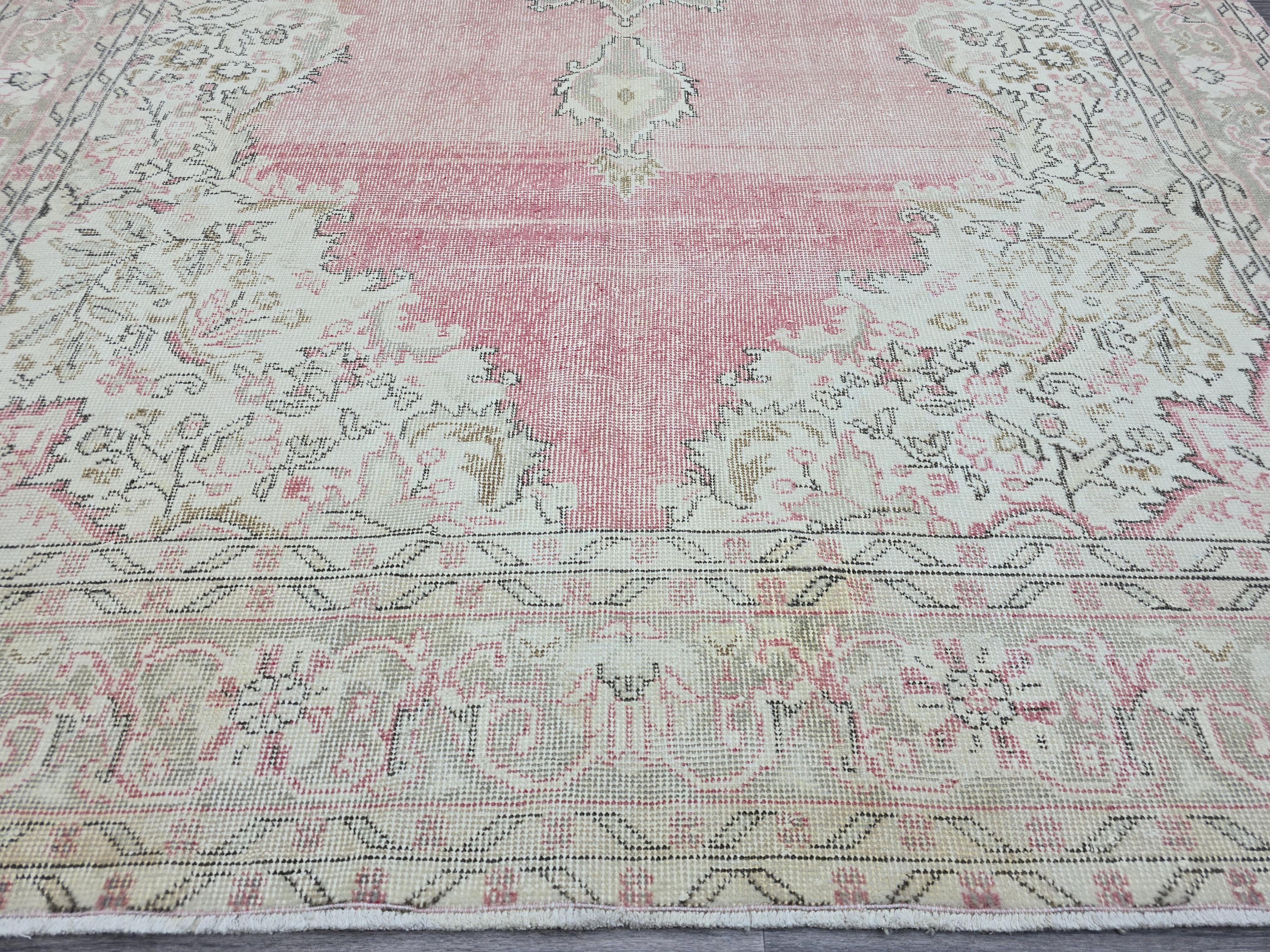 Pink Turkish Rug 7x11 Vintage Oushak Area Rug Distressed Medallion Living Room Large Carpet