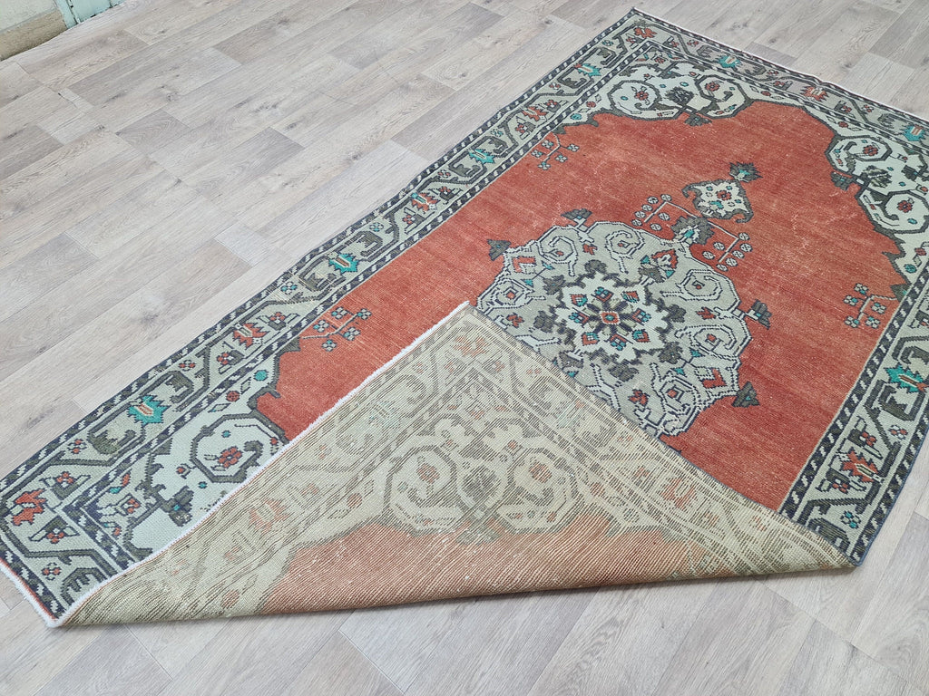 Hand Knotted Wool Turkish Rug: 5x8 Vintage Oushak Accent Rug