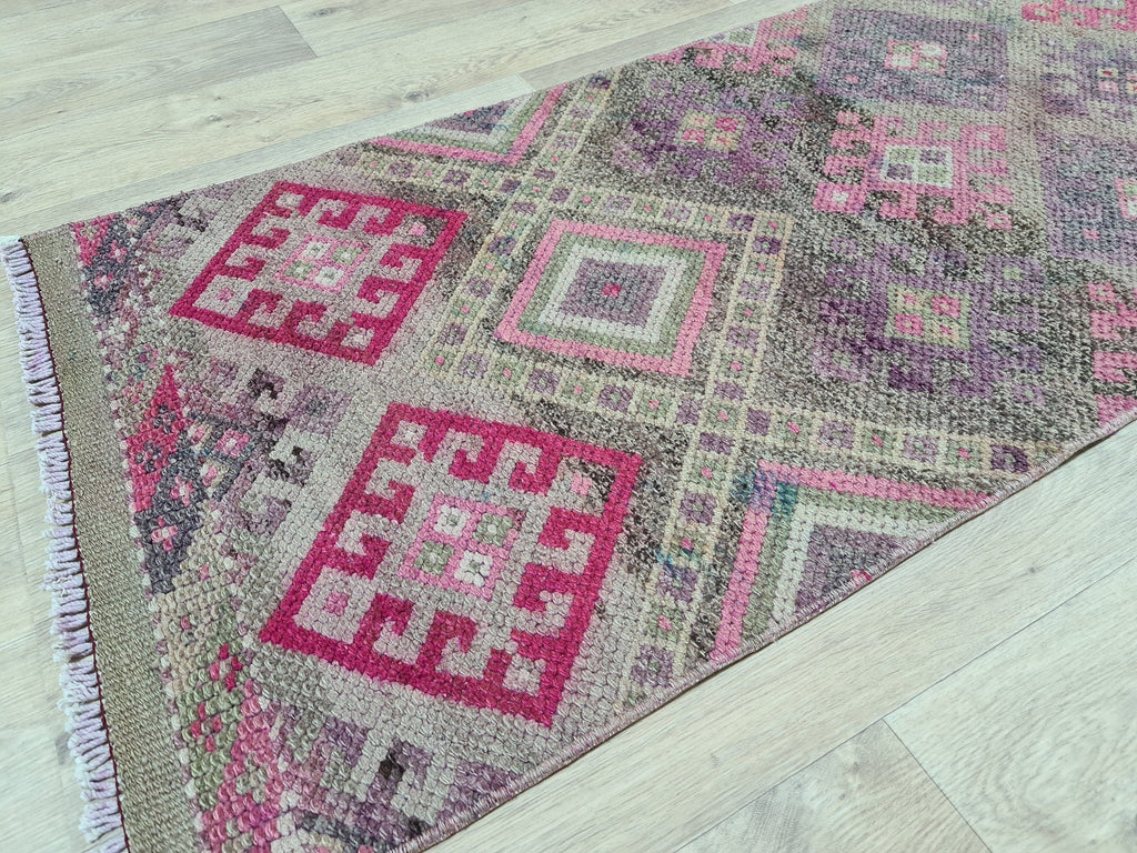 Hand Knotted Wool Herki Runner Rug: Vintage Turkish Hallway Rug