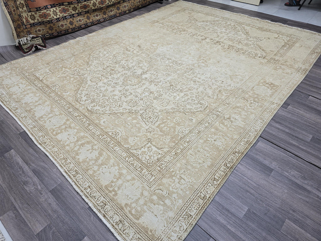 9x12 Vintage Turkish Rug Oushak | Beige Cream Large Area Carpet Handmade Wool Rug