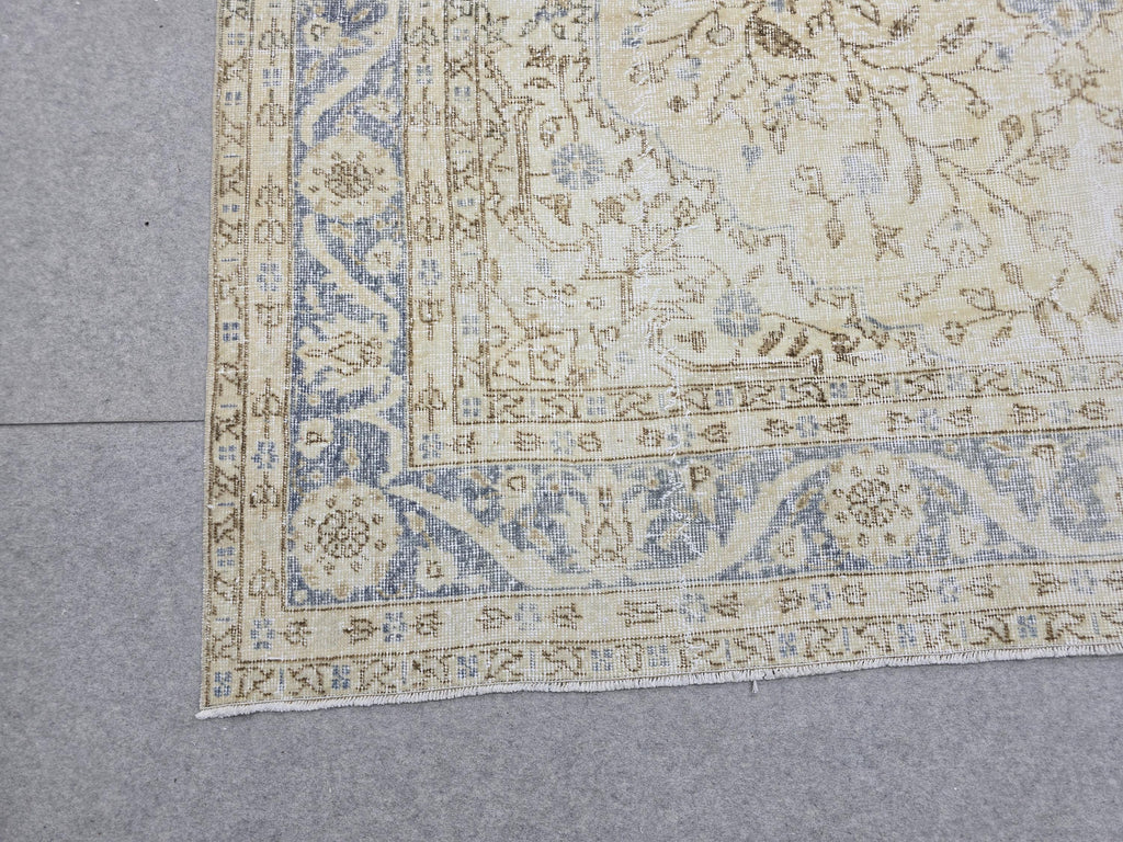 Oushak Rug 7.50x10.60 feet, Blue Medallion Turkish Carpet, Muted Cream Beige Floral, Vintage Tabriz Style Area Rug, Living Room