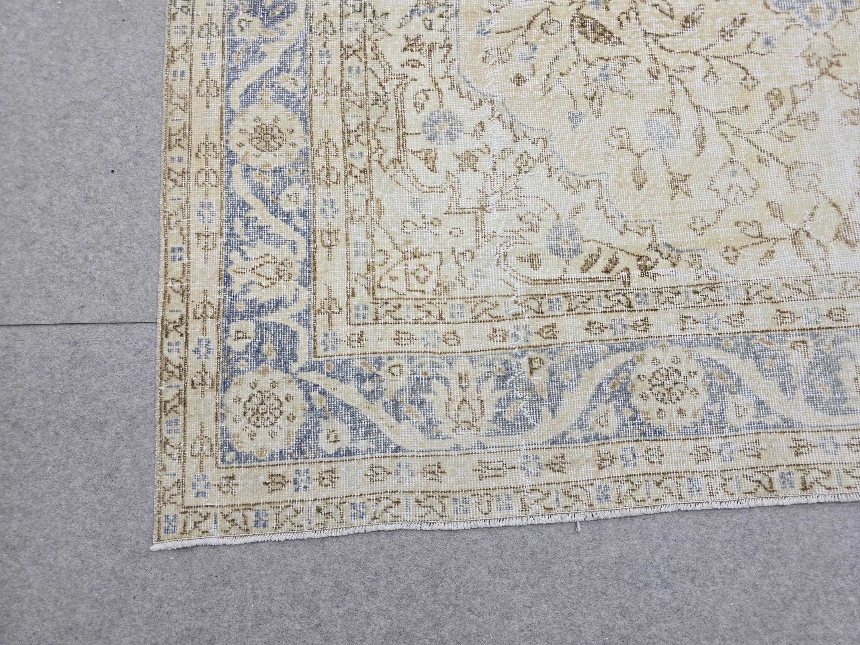 Oushak Rug 7.50x10.60 feet, Blue Medallion Turkish Carpet, Muted Cream Beige Floral, Vintage Tabriz Style Area Rug, Living Room