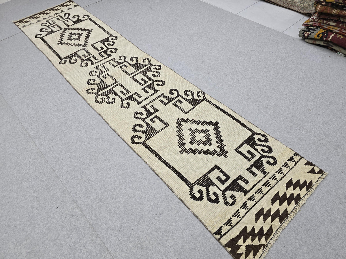 Oushak Runner Rug 3x12, Ivory Cream Brown Wool Hallway Runner, Vintage Anatolian Narrow Staircase Corridor Rug