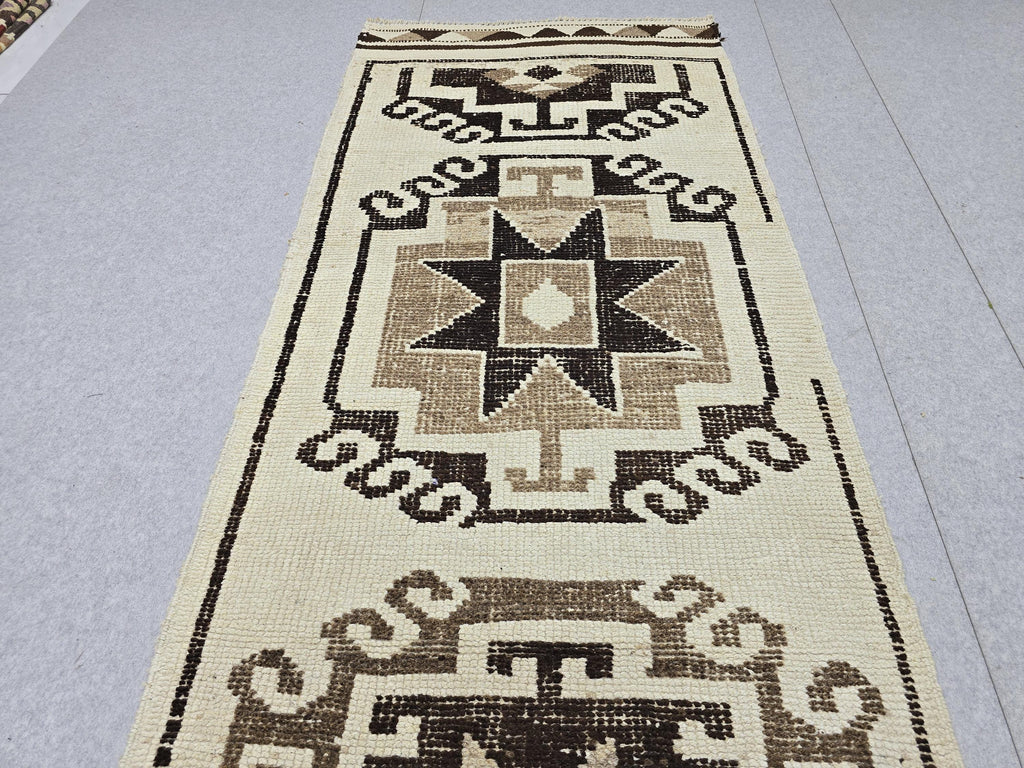 Vintage Anatolian Wool Runner, Hand-Knotted Tree of Life, Cream Brown Boho Hallway Rug