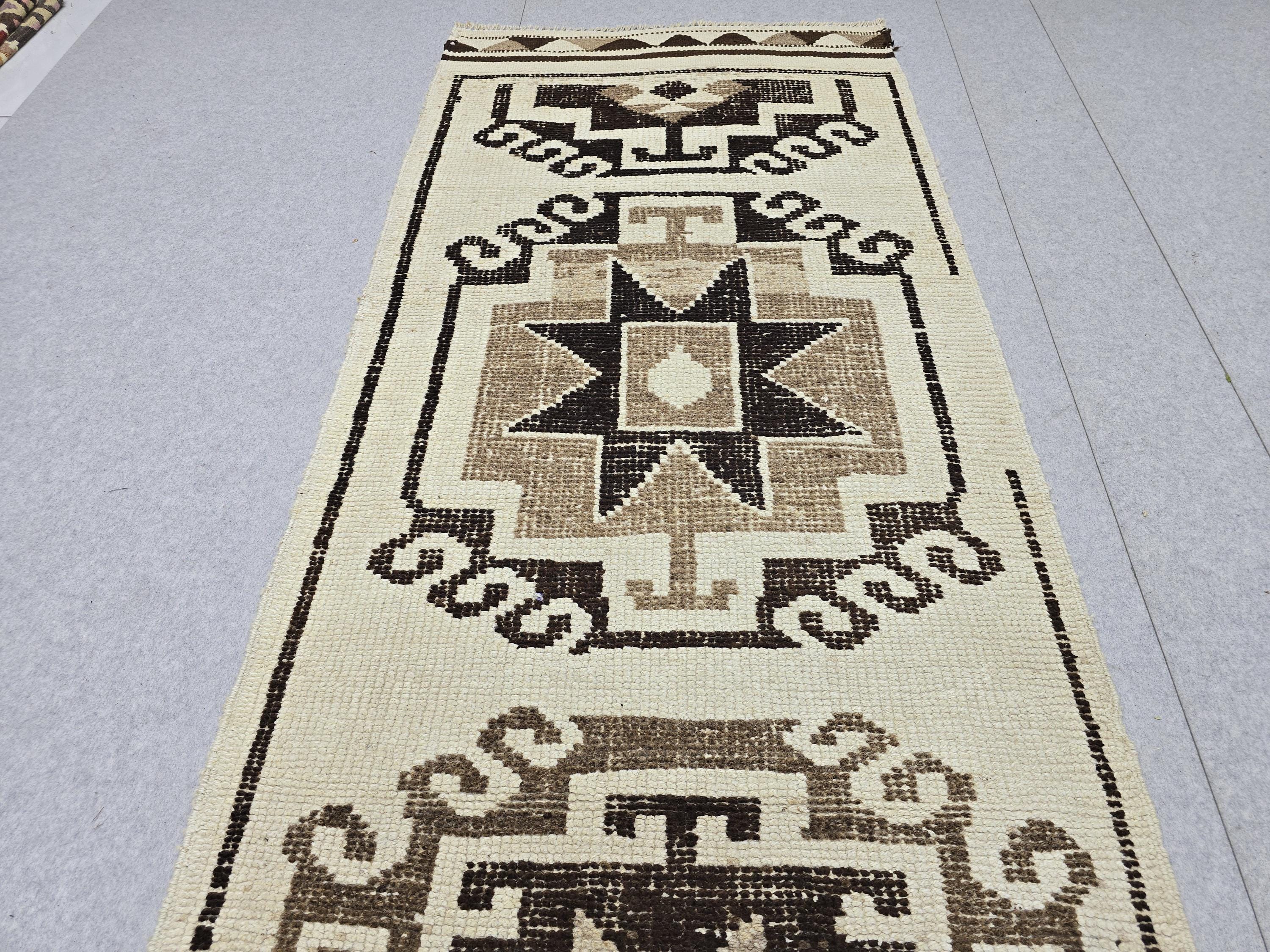 Vintage Anatolian Wool Runner, Hand-Knotted Tree of Life, Cream Brown Boho Hallway Rug
