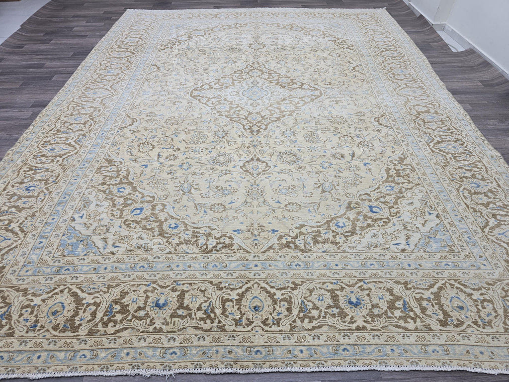 Vintage Oushak Rug 9x12: Handmade Wool, Blue Beige Floral Medallion