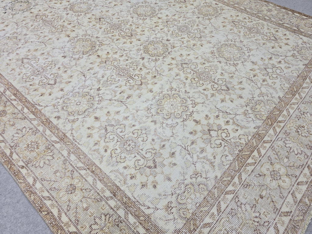 Vintage Turkish Oushak Rug 7x10, Hand Knotted Wool, Neutral Farmhouse