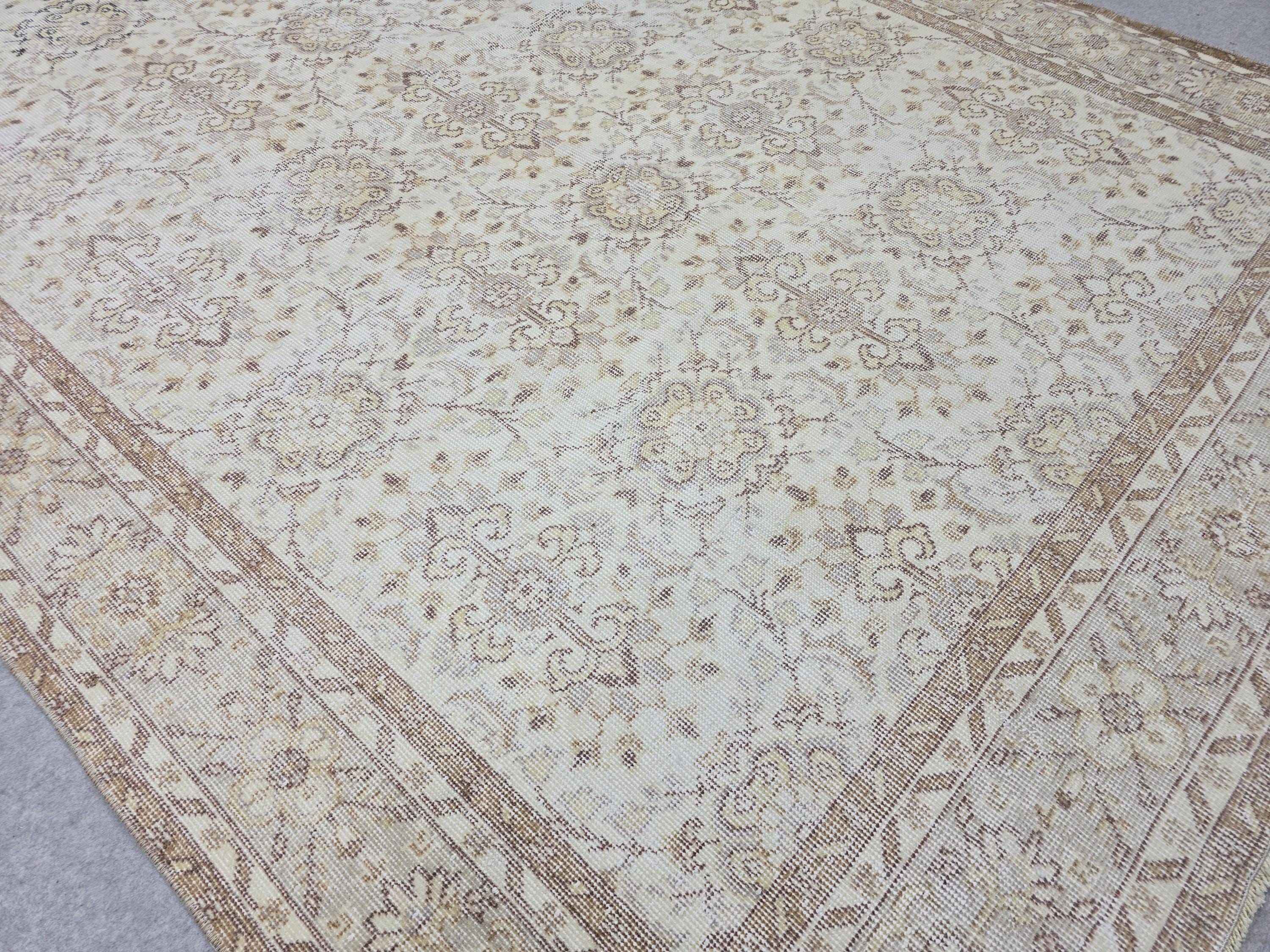 Vintage Turkish Oushak Rug 7x10, Hand Knotted Wool, Neutral Farmhouse