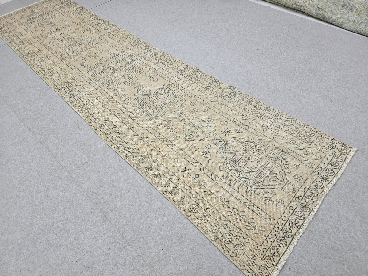3x12 Vintage Runner Rug, Intricate Tribal Turkish Wool Hallway Runner, Faded Neutral Anatolian Geometric Corridor Rug, Boho Farmhouse Decor