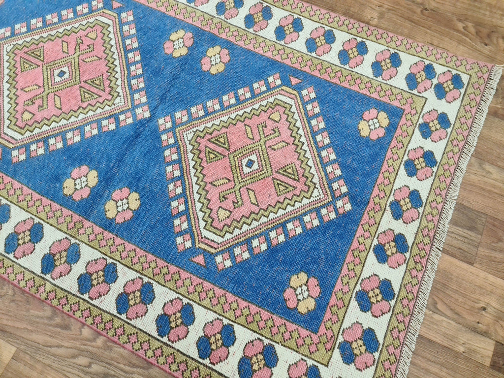 4x6 Small Turkish Rug: Small Vintage Geometric Blue Oushak (4.2x6.4 ft)