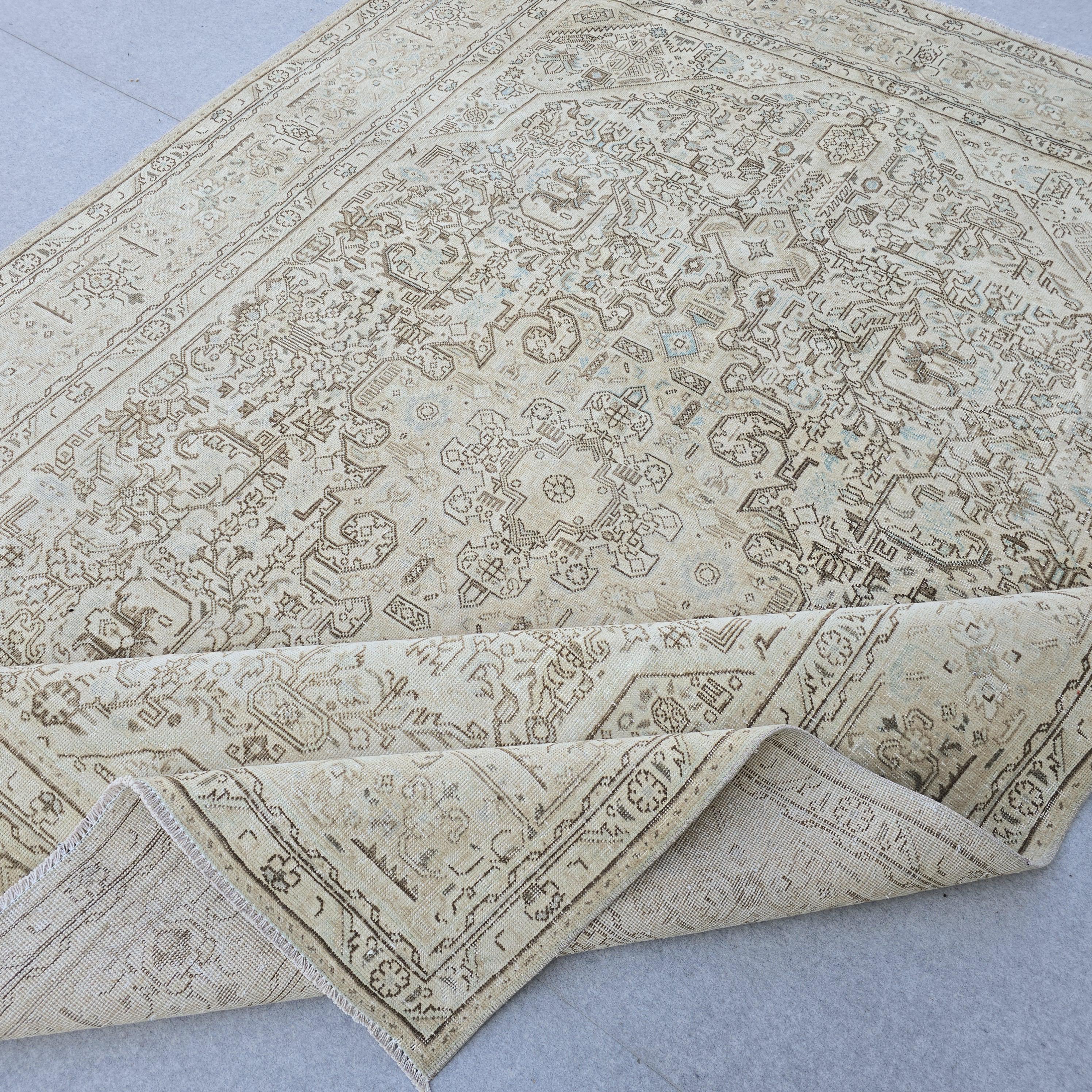 Oushak Rug 8x11 Muted Beige Heriz Medallion Hand Knotted Vintage Wool Area Carpet