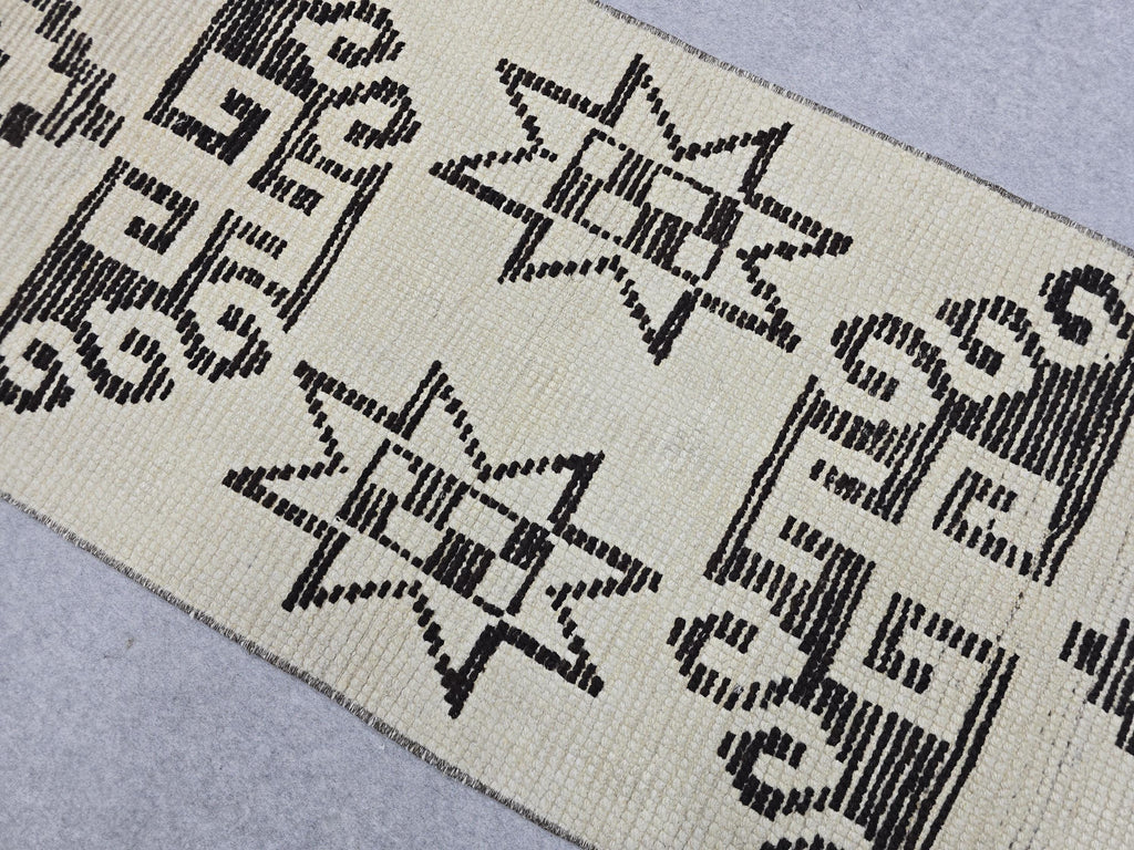 Vintage Rug Runner 2x11, Ivory Black Tribal Hand Knotted Wool Hallway Runner, Anatolian Geometric Boho Stair Runner