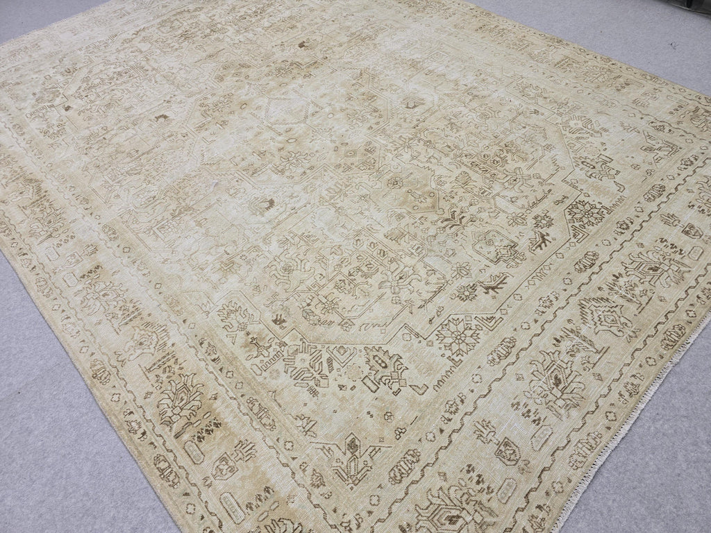 8x11 Vintage Hand Knotted Wool Rug, Muted Neutral Oushak Style, 8x11 Distressed Area Rug