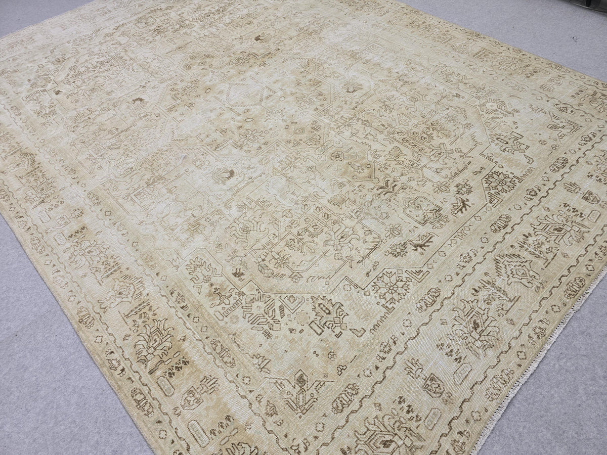 8x11 Vintage Hand Knotted Wool Rug, Muted Neutral Oushak Style, 8x11 Distressed Area Rug