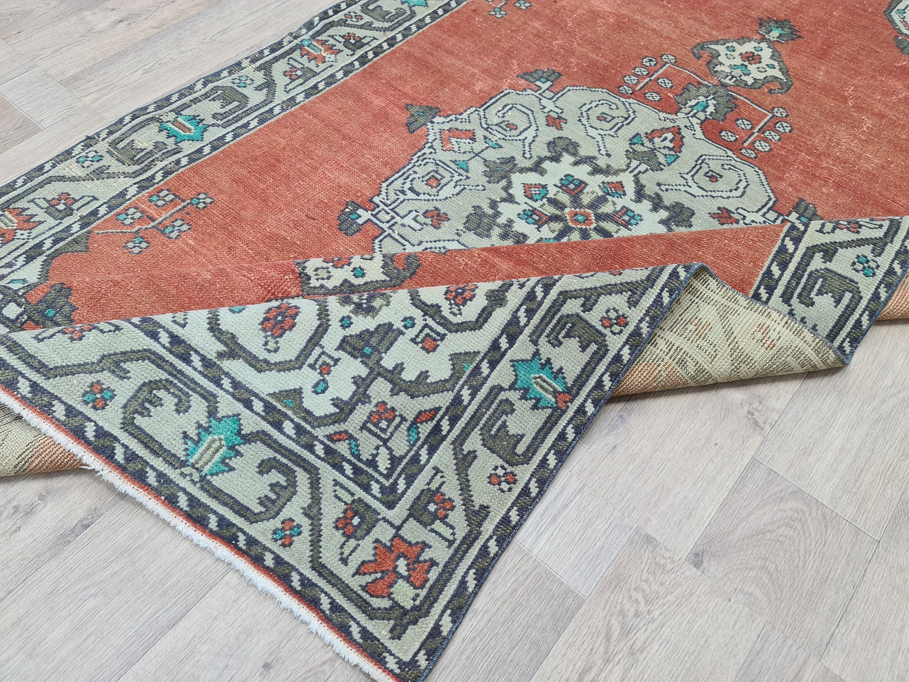 Hand Knotted Wool Turkish Rug: 5x8 Vintage Oushak Accent Rug