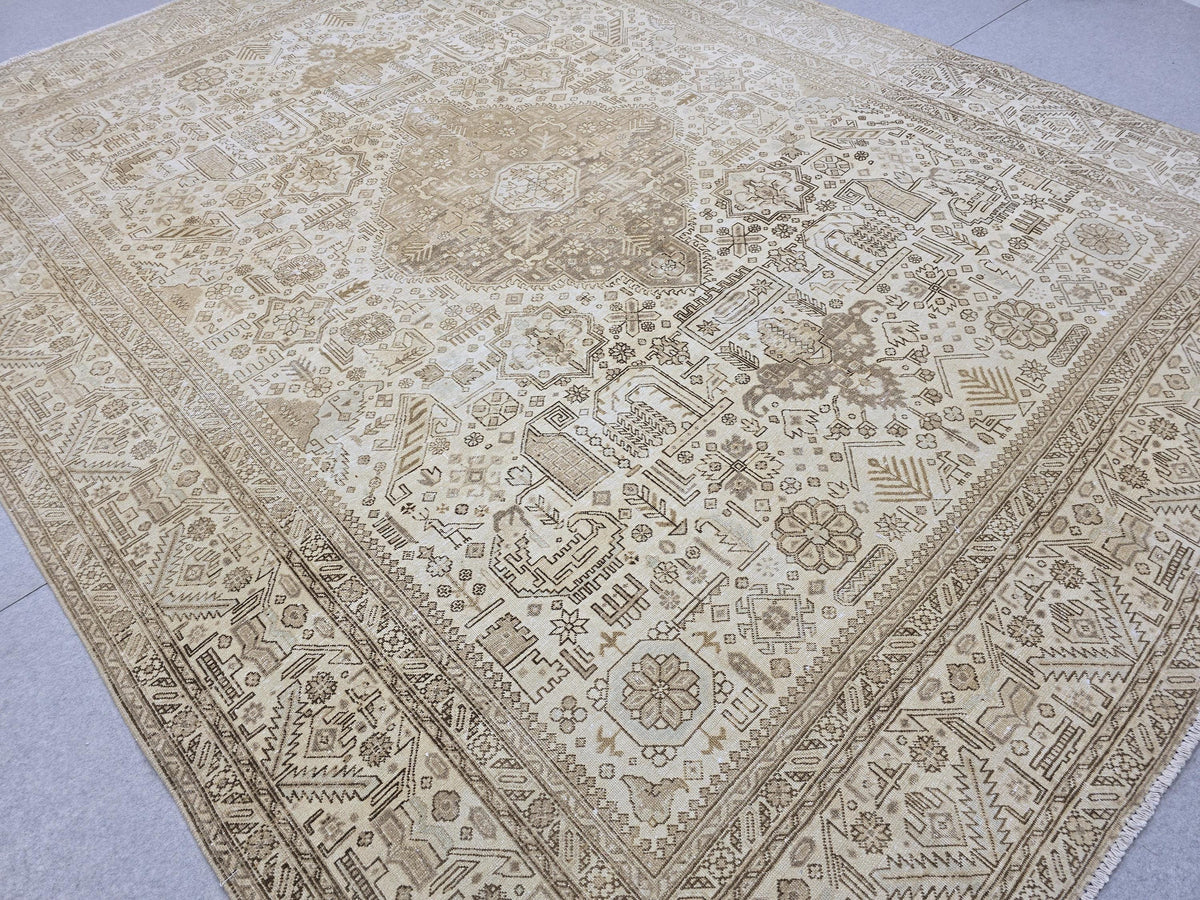 Hand Knotted Oushak Rug | Muted Sand Beige Vintage Turkish Wool Area Carpet