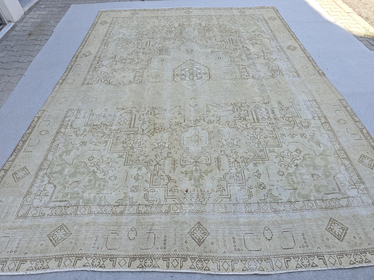 9x13 Turkish Rug Neutral Cream Geometric Hand Knotted Vintage Wool Area Rug