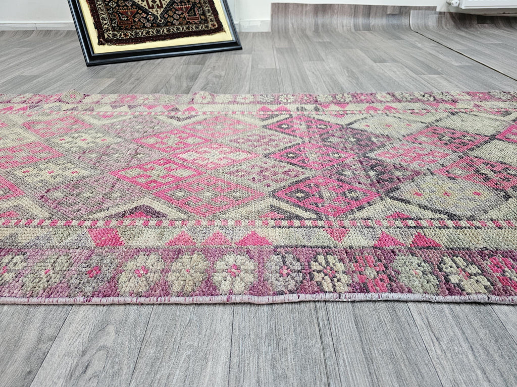 Hand Knotted Wool Turkish Runner: Vintage Geometric Hallway Rug (2.70x14.70 ft)