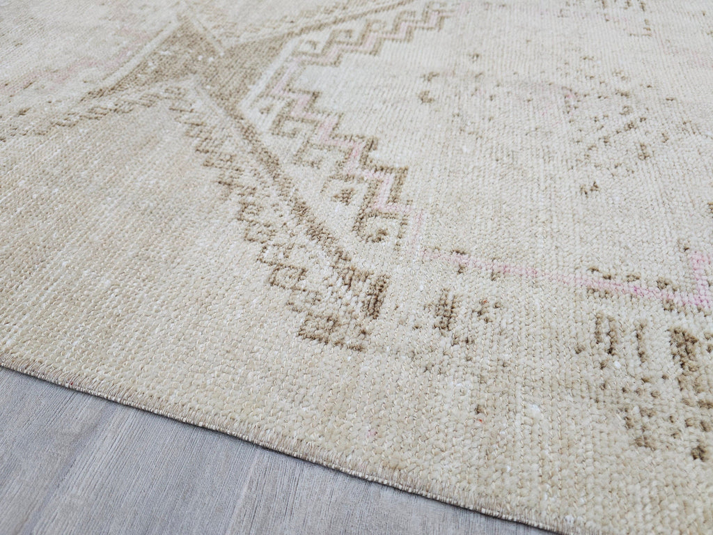 Hand Knotted Wool Turkish Runner Rug: Neutral Oushak Stair Runner (3x14 ft)