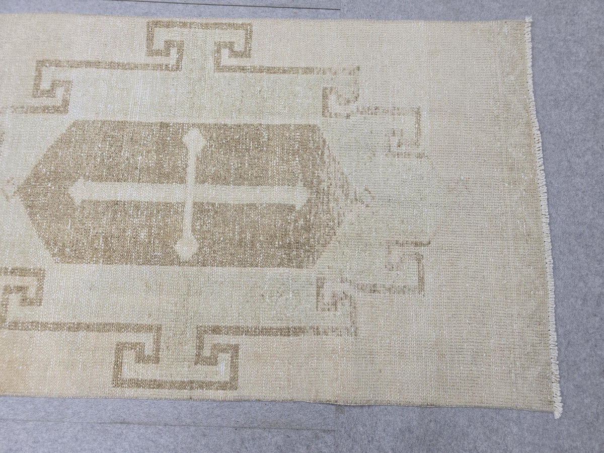 Oushak Rug 3x13, Minimalist Neutral Runner, Hand Knotted Wool Turkish Runner, Faded Oatmeal Hallway Rug, Vintage Boho Stair Carpet