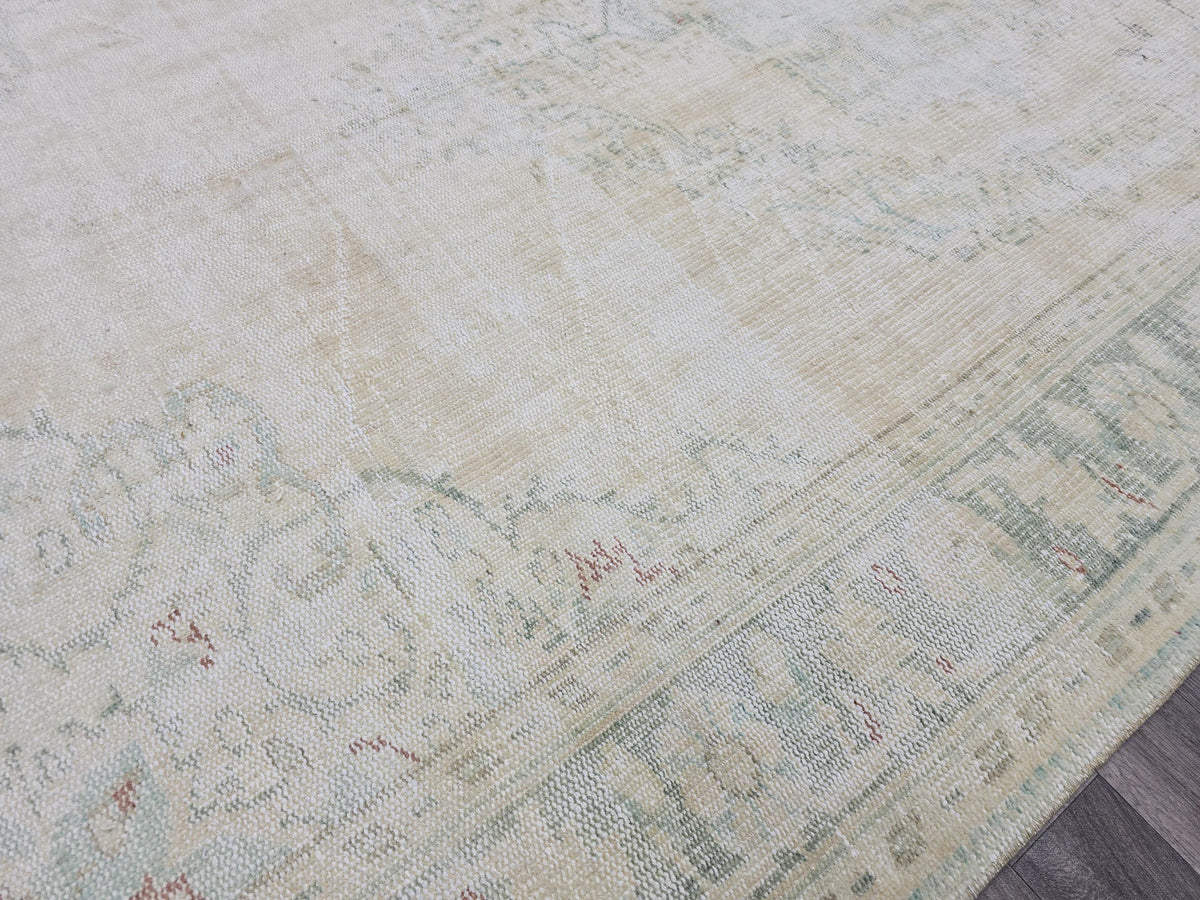 Vintage Oushak Rug 6x9: Hand-Knotted Turkish Wool Rug, Cream & Mint