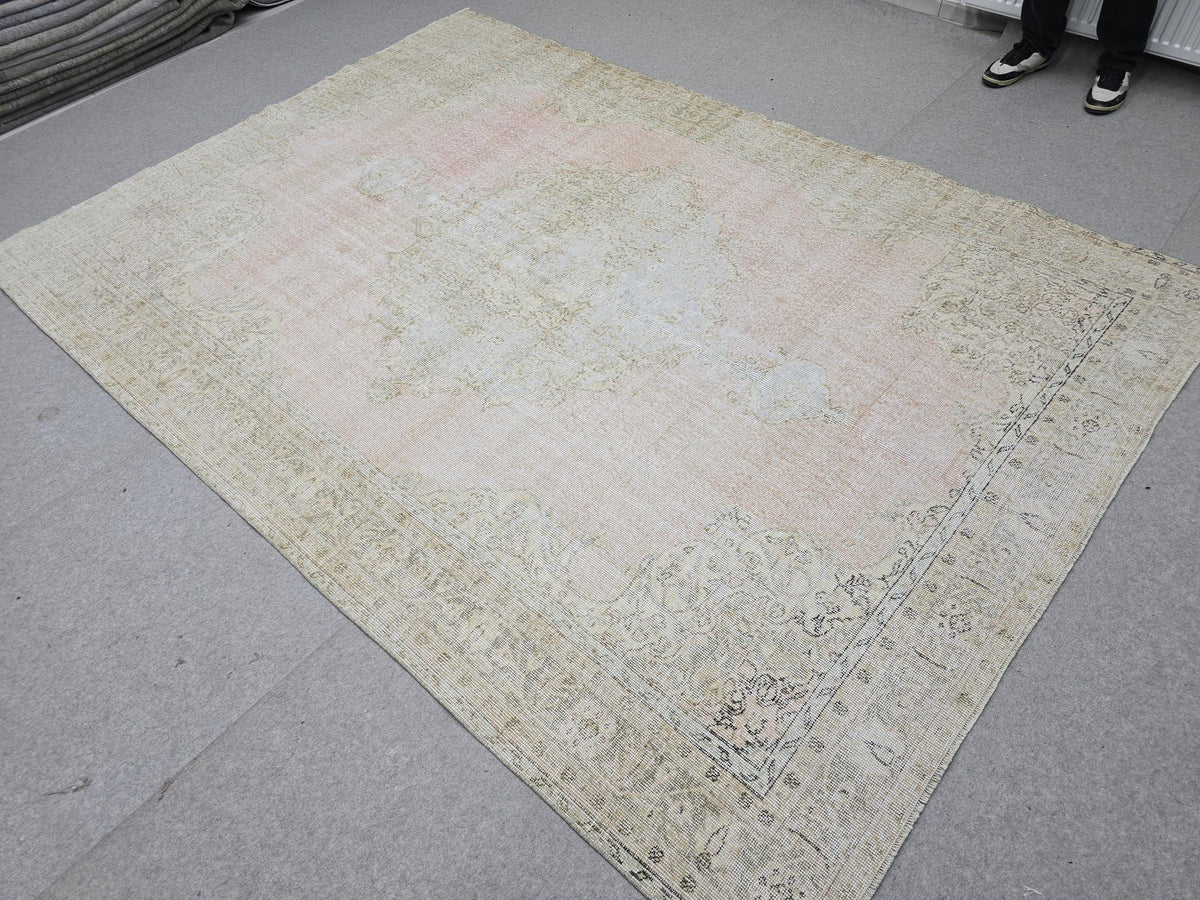 Oushak Rug 7x10, Muted Pink Beige Handwoven Turkish Carpet, Vintage Wool Area Rug for Living Room Bedroom Boho Farmhouse Decor