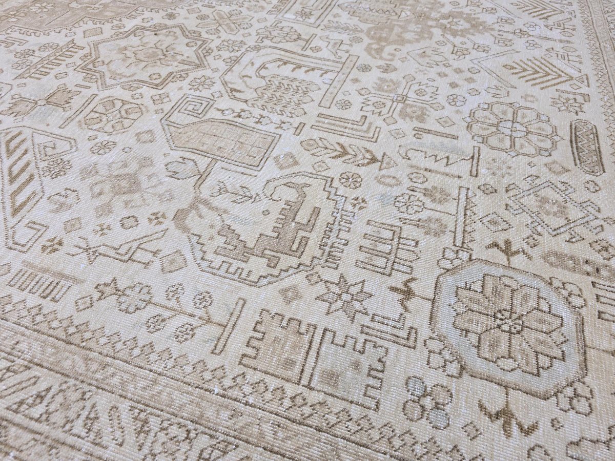 Hand Knotted Oushak Rug | Muted Sand Beige Vintage Turkish Wool Area Carpet