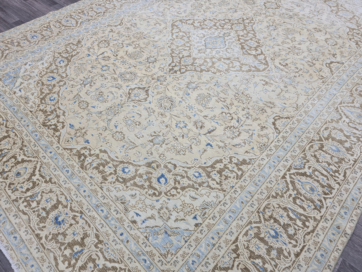 Vintage Oushak Rug 9x12: Handmade Wool, Blue Beige Floral Medallion