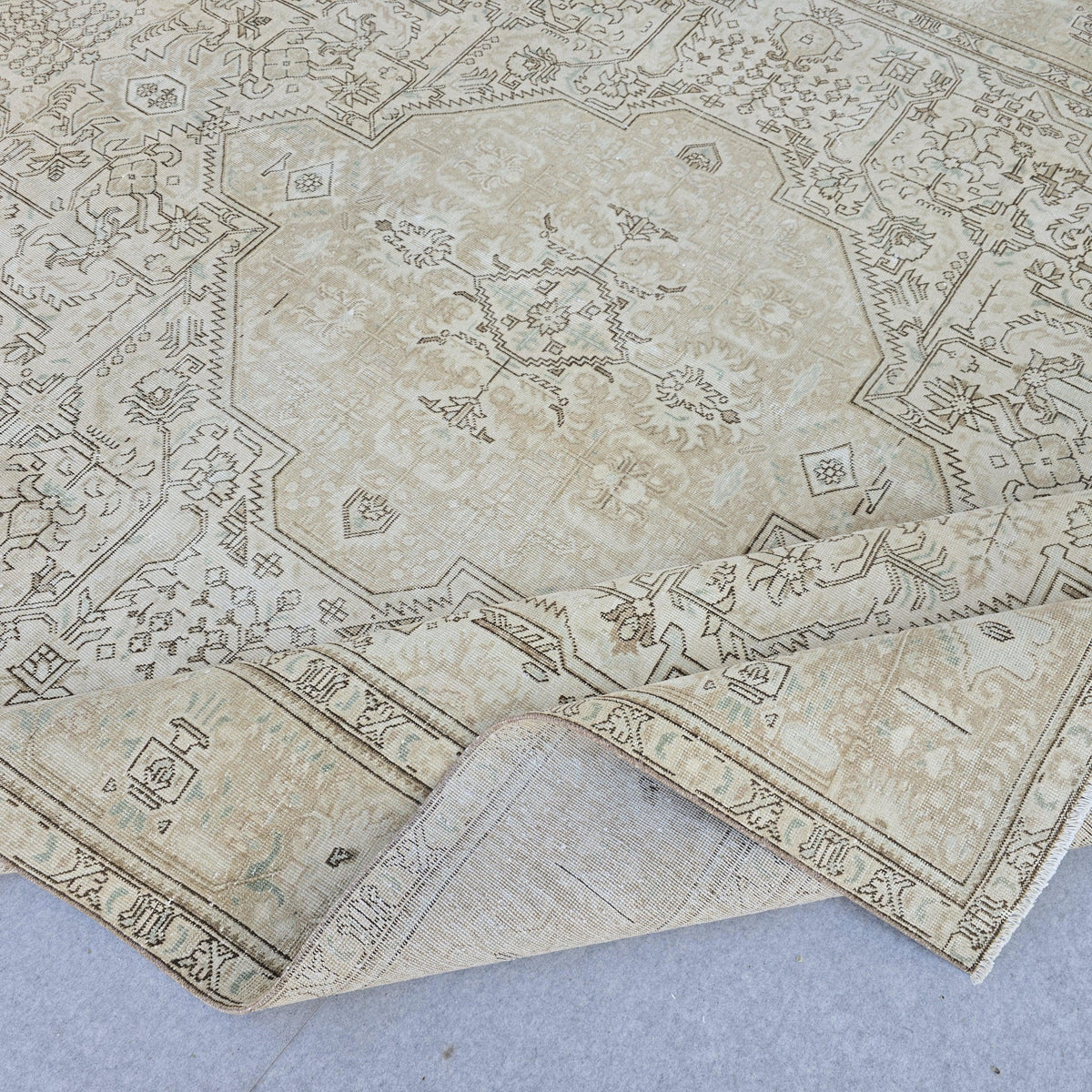 Turkish Rug 9x12 Neutral Beige Geometric Carpet Hand Knotted Living Room Area Rug