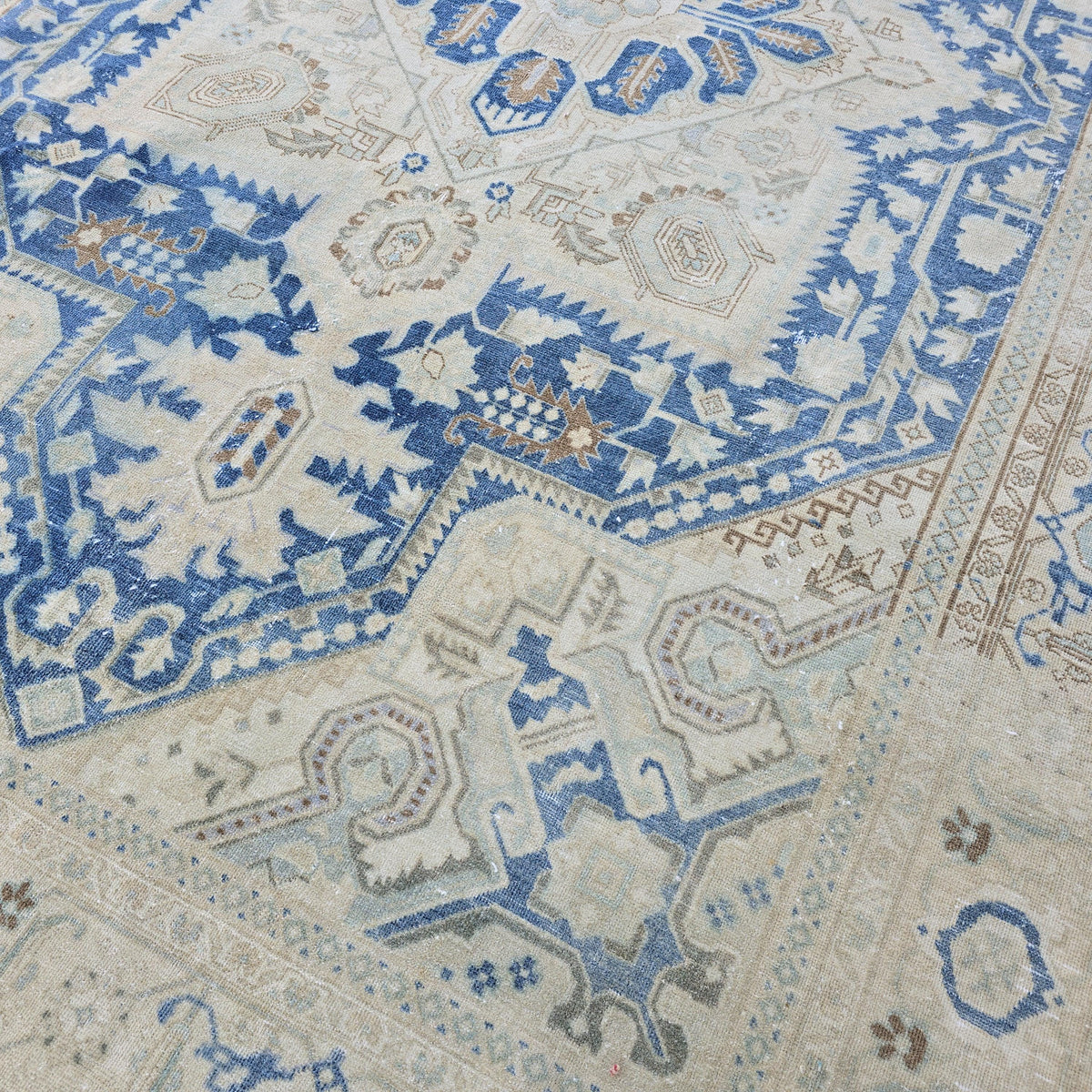 7x10 Vintage Oushak Rug Blue Cream Geometric Hand Knotted Turkish Area Carpet