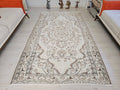 5x8 Vintage Turkish Oushak Rug: Neutral Wool Handmade Carpet
