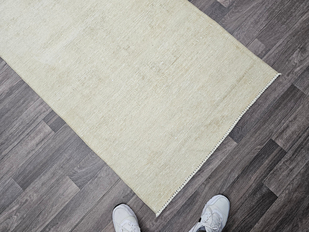 Neutral Turkish Runner Rug: 3x12 Vintage Hand-Knotted Wool Oushak