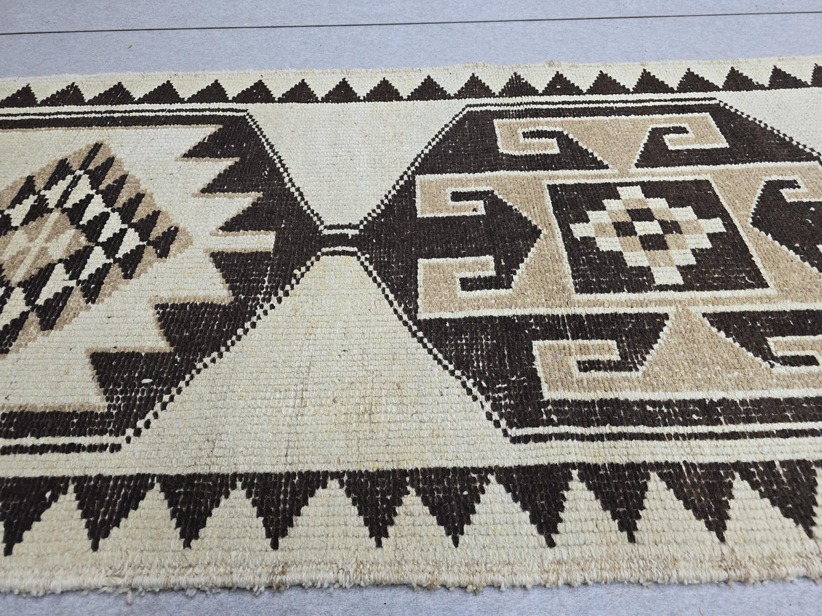 3x10 Vintage Turkish Runner Rug 3x10, Hand Knotted Tribal Wool Runner, Cream Brown Hallway Rug, Anatolian Oushak Runner, Boho Kitchen Runner