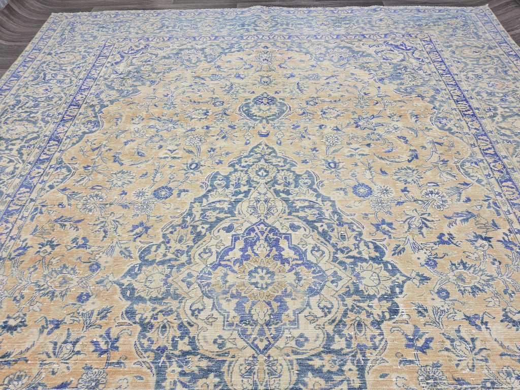 9x13 Hand Knotted Vintage Area Rug / Authentic Wool Oushak Rug for Livingroom and Bedroom/ Beige Blue Oriental Rug