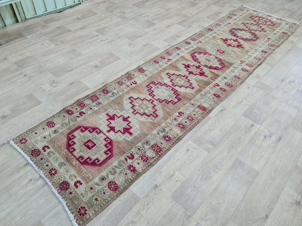 Hand Woven Wool Runner Rug: Vintage Oushak Herki Design (2.85x11.8 feet)