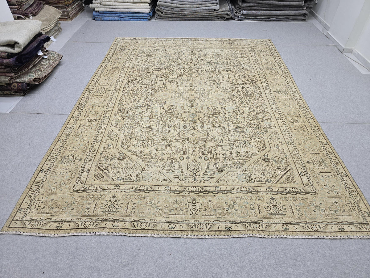 Handmade 8x11 Neutral Area Rug for Livingroom and Bedroom, Hand Knotted Turkish Oushak Rug