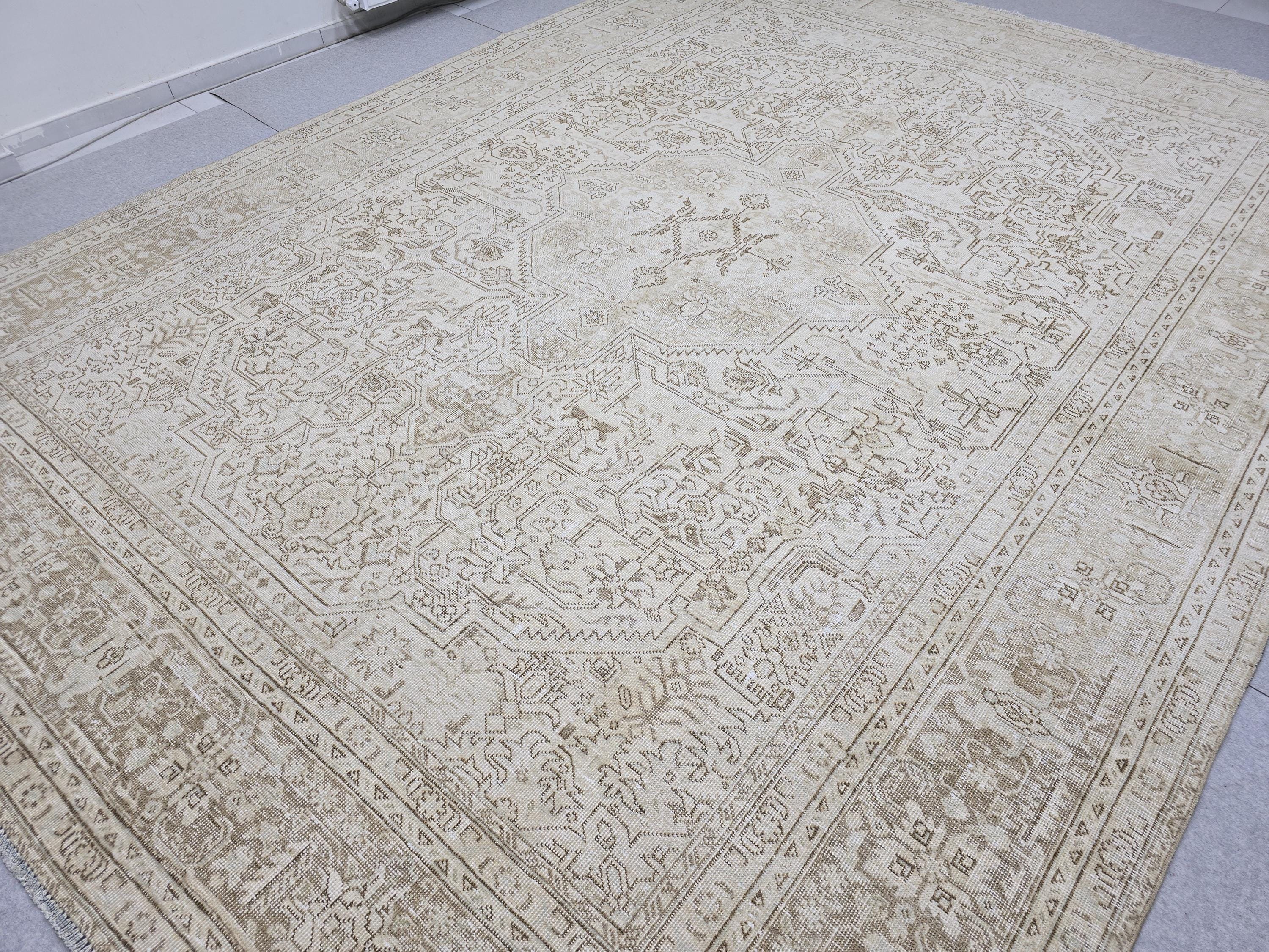 Turkish Rug 10x13, Neutral Beige Vintage Handknotted Wool Carpet, Faded Medallion Area Rug for Dining Room
